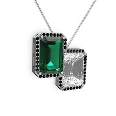 Avis Kolye - Yeşil kuvars, beyaz zirkon ve siyah zirkon 8 ayar beyaz altın kolye (40 cm gümüş rolo zincir) #5uefkp