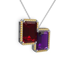 Avis Kolye - Garnet, ametist ve sitrin 14 ayar beyaz altın kolye (40 cm beyaz altın rolo zincir) #61p09a