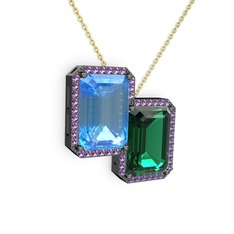 Avis Kolye - Akuamarin, yeşil kuvars ve ametist 925 ayar siyah rodyum kaplama gümüş kolye (40 cm gümüş rolo zincir) #631zrp
