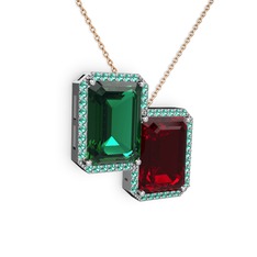 Yeşil kuvars ve garnet 8 ayar beyaz altın kolye (40 cm gümüş rolo zincir)