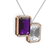Avis Kolye - Ametist, beyaz zirkon ve swarovski 925 ayar rose altın kaplama gümüş kolye (40 cm beyaz altın rolo zincir) #6y7m6n