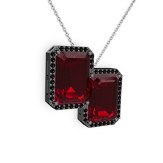 Avis Kolye - Garnet ve siyah zirkon 925 ayar siyah rodyum kaplama gümüş kolye (40 cm beyaz altın rolo zincir) #74lp4l