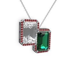 Beyaz zirkon, yeşil kuvars ve garnet 14 ayar beyaz altın kolye (40 cm beyaz altın rolo zincir)