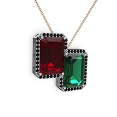 Garnet, yeşil kuvars ve siyah zirkon 18 ayar beyaz altın kolye (40 cm rose altın rolo zincir)