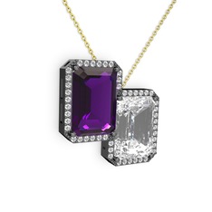 Avis Kolye - Ametist, beyaz zirkon ve swarovski 925 ayar siyah rodyum kaplama gümüş kolye (40 cm gümüş rolo zincir) #80d9u6