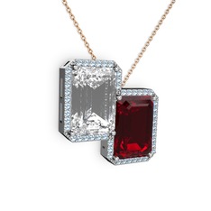 Beyaz zirkon, garnet ve akuamarin 14 ayar beyaz altın kolye (40 cm rose altın rolo zincir)