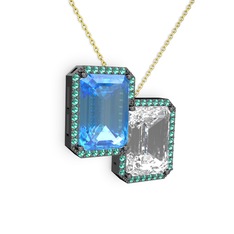 Akuamarin, beyaz zirkon ve yeşil kuvars 925 ayar siyah rodyum kaplama gümüş kolye (40 cm altın rolo zincir)