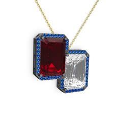 Avis Kolye - Garnet, beyaz zirkon ve lab safir 925 ayar siyah rodyum kaplama gümüş kolye (40 cm altın rolo zincir) #antg13