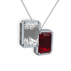 Beyaz zirkon, garnet ve akuamarin 18 ayar beyaz altın kolye (40 cm beyaz altın rolo zincir)