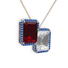 Garnet, beyaz zirkon ve lab safir 8 ayar beyaz altın kolye (40 cm rose altın rolo zincir)