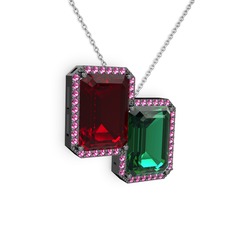 Avis Kolye - Garnet, yeşil kuvars ve rodolit garnet 925 ayar siyah rodyum kaplama gümüş kolye (40 cm beyaz altın rolo zincir) #b5qu8r