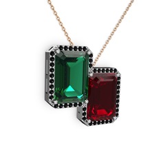 Yeşil kuvars, garnet ve siyah zirkon 14 ayar beyaz altın kolye (40 cm rose altın rolo zincir)