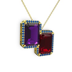 Ametist, garnet ve lab safir 18 ayar altın kolye (40 cm gümüş rolo zincir)