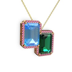 Akuamarin, yeşil kuvars ve rodolit garnet 14 ayar rose altın kolye (40 cm altın rolo zincir)