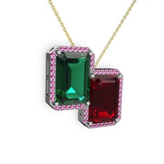 Yeşil kuvars, garnet ve rodolit garnet 14 ayar beyaz altın kolye (40 cm gümüş rolo zincir)