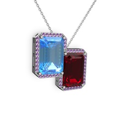 Avis Kolye - Akuamarin, garnet ve ametist 8 ayar beyaz altın kolye (40 cm beyaz altın rolo zincir) #e3rcsr