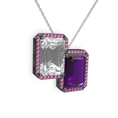 Beyaz zirkon, ametist ve rodolit garnet 925 ayar siyah rodyum kaplama gümüş kolye (40 cm gümüş rolo zincir)