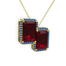 Garnet ve lab safir 925 ayar altın kaplama gümüş kolye (40 cm gümüş rolo zincir)