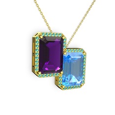 Ametist, akuamarin ve yeşil kuvars 18 ayar altın kolye (40 cm altın rolo zincir)
