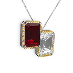 Garnet, beyaz zirkon ve sitrin 18 ayar beyaz altın kolye (40 cm beyaz altın rolo zincir)