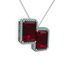 Garnet ve yeşil kuvars 18 ayar beyaz altın kolye (40 cm beyaz altın rolo zincir)