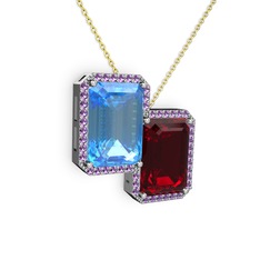 Avis Kolye - Akuamarin, garnet ve ametist 18 ayar beyaz altın kolye (40 cm altın rolo zincir) #idbm4e