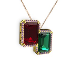 Garnet, yeşil kuvars ve ametist 8 ayar altın kolye (40 cm rose altın rolo zincir)