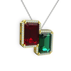 Garnet, yeşil kuvars ve akuamarin 18 ayar altın kolye (40 cm beyaz altın rolo zincir)
