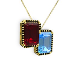 Garnet, akuamarin ve siyah zirkon 925 ayar altın kaplama gümüş kolye (40 cm altın rolo zincir)