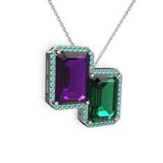 Avis Kolye - Ametist ve yeşil kuvars 14 ayar beyaz altın kolye (40 cm beyaz altın rolo zincir) #k0025g