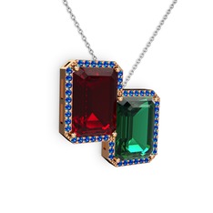 Garnet, yeşil kuvars ve lab safir 14 ayar rose altın kolye (40 cm beyaz altın rolo zincir)