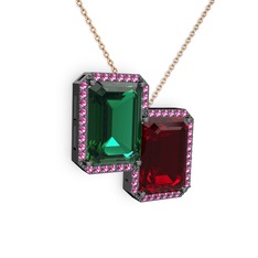 Avis Kolye - Yeşil kuvars, garnet ve rodolit garnet 925 ayar siyah rodyum kaplama gümüş kolye (40 cm rose altın rolo zincir) #lhrmr6