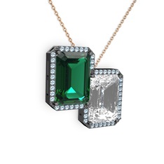 Avis Kolye - Yeşil kuvars, beyaz zirkon ve akuamarin 925 ayar siyah rodyum kaplama gümüş kolye (40 cm rose altın rolo zincir) #m4d2hp