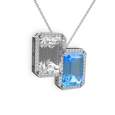 Beyaz zirkon, akuamarin ve swarovski 925 ayar gümüş kolye (40 cm beyaz altın rolo zincir)