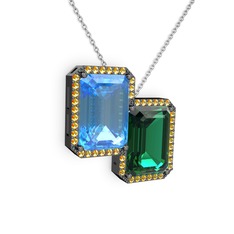 Avis Kolye - Akuamarin, yeşil kuvars ve sitrin 925 ayar siyah rodyum kaplama gümüş kolye (40 cm beyaz altın rolo zincir) #nlhnjc