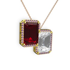 Garnet, beyaz zirkon ve ametist 8 ayar altın kolye (40 cm rose altın rolo zincir)