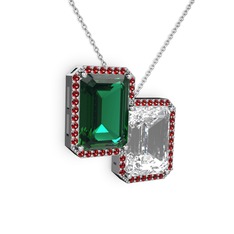 Yeşil kuvars, beyaz zirkon ve garnet 8 ayar beyaz altın kolye (40 cm beyaz altın rolo zincir)