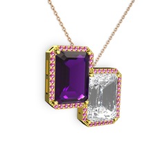 Avis Kolye - Ametist, beyaz zirkon ve rodolit garnet 8 ayar altın kolye (40 cm rose altın rolo zincir) #o2laxh