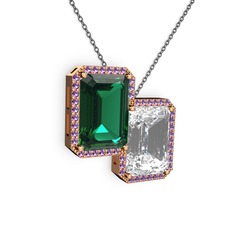 Yeşil kuvars, beyaz zirkon ve ametist 14 ayar rose altın kolye (40 cm gümüş rolo zincir)