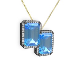 Akuamarin ve swarovski 925 ayar siyah rodyum kaplama gümüş kolye (40 cm altın rolo zincir)