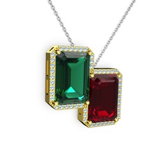 Yeşil kuvars, garnet ve akuamarin 18 ayar altın kolye (40 cm beyaz altın rolo zincir)