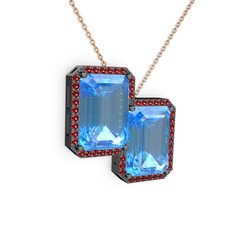 Avis Kolye - Akuamarin ve garnet 925 ayar siyah rodyum kaplama gümüş kolye (40 cm rose altın rolo zincir) #qs15yz