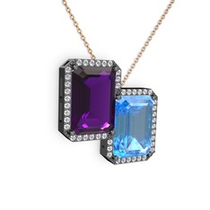 Avis Kolye - Ametist, akuamarin ve swarovski 925 ayar siyah rodyum kaplama gümüş kolye (40 cm rose altın rolo zincir) #r0o0xd