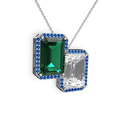 Yeşil kuvars, beyaz zirkon ve lab safir 14 ayar beyaz altın kolye (40 cm beyaz altın rolo zincir)