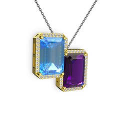 Akuamarin, ametist ve swarovski 14 ayar altın kolye (40 cm gümüş rolo zincir)