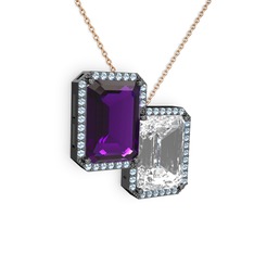 Avis Kolye - Ametist, beyaz zirkon ve akuamarin 925 ayar siyah rodyum kaplama gümüş kolye (40 cm rose altın rolo zincir) #tkzshc