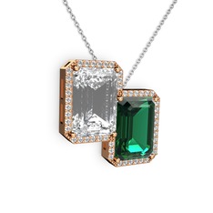 Beyaz zirkon, yeşil kuvars ve swarovski 14 ayar rose altın kolye (40 cm beyaz altın rolo zincir)
