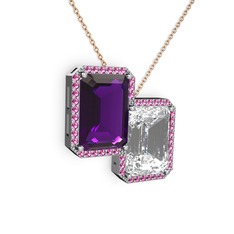 Ametist, beyaz zirkon ve rodolit garnet 18 ayar beyaz altın kolye (40 cm rose altın rolo zincir)