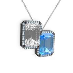 Avis Kolye - Beyaz zirkon ve akuamarin 925 ayar siyah rodyum kaplama gümüş kolye (40 cm gümüş rolo zincir) #u1over