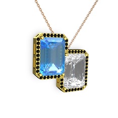 Avis Kolye - Akuamarin, beyaz zirkon ve siyah zirkon 8 ayar altın kolye (40 cm gümüş rolo zincir) #u74lbm